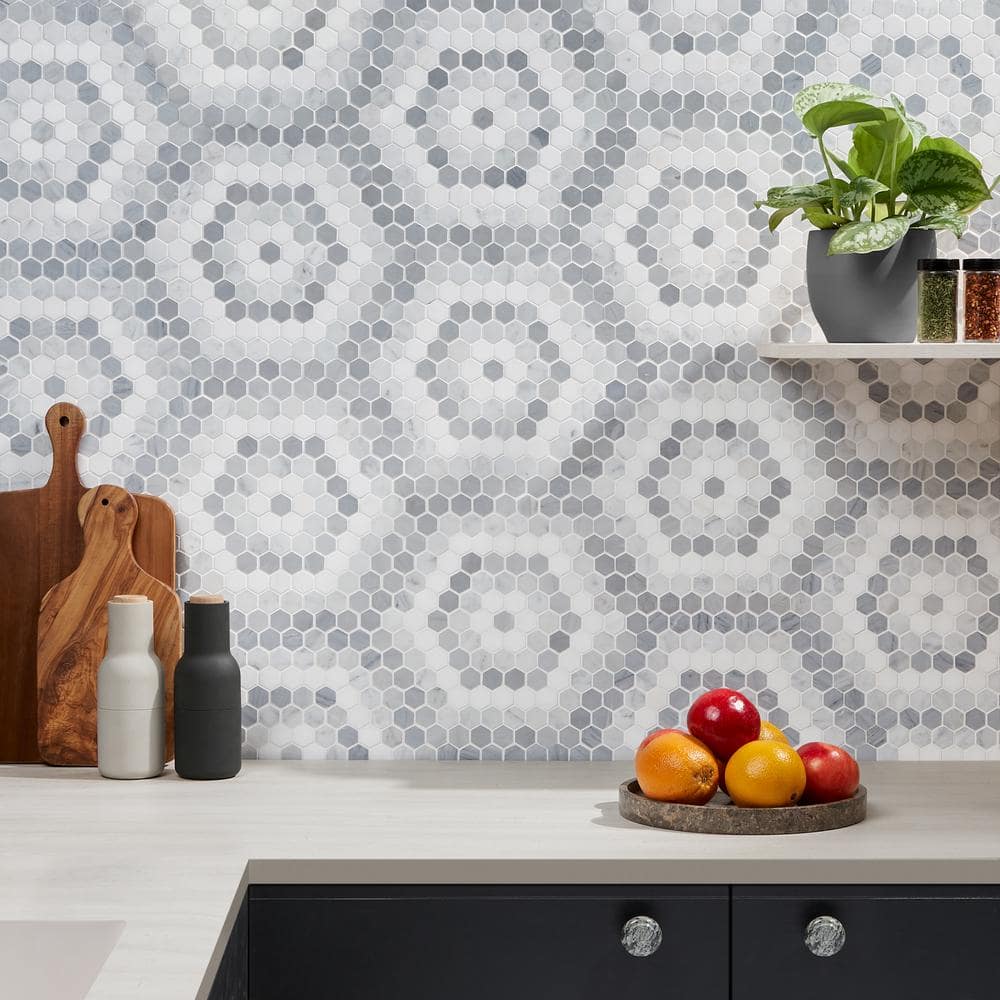 Gray and White Polished Marble Hexagon Mosaic Tile Sheet