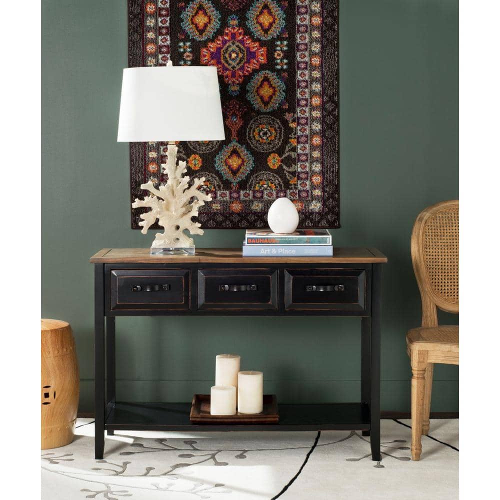 Transitional Black and Oak Rectangular Console Table with Storage