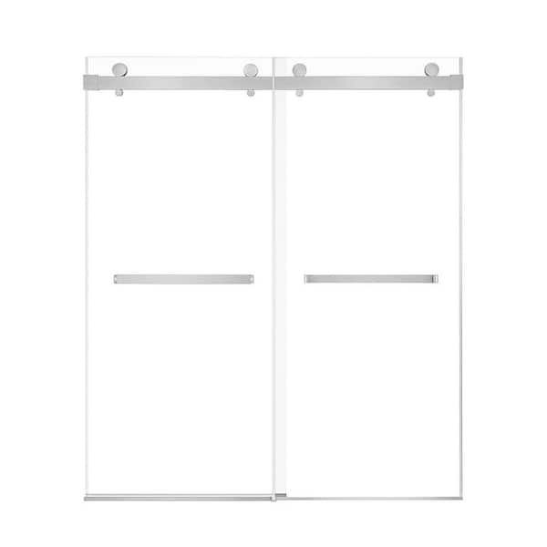 60 in. W x 74 in. H Frameless Double Sliding Shower Door in Brushed Nickel with 8mm Easy Clear Tempered Glass