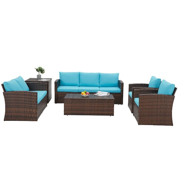 AECOJOY Brown 6-Piece Wicker Patio Conversation Set with 2 Storage Boxes and Blue Cushions