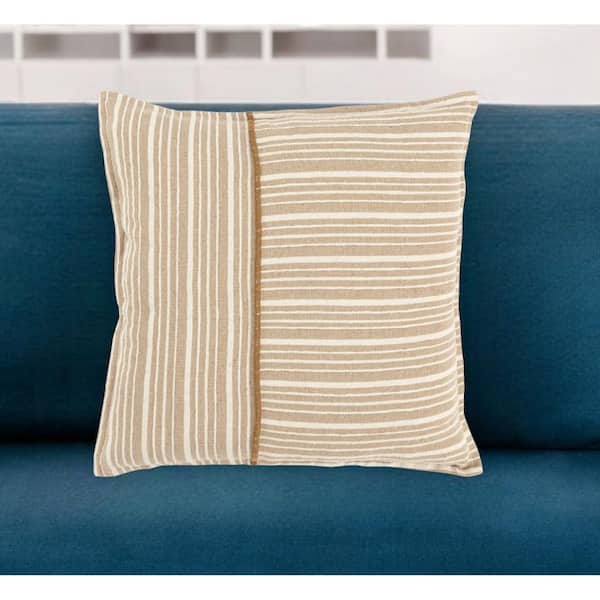 Natural, Ivory Striped Polyester 20 in. x 20 in. Throw Pillow