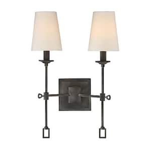 Lorainne 12.5 in. W x 17.5 in. H 2-Light Oxidized Black Wall Sconce with White Fabric Shades