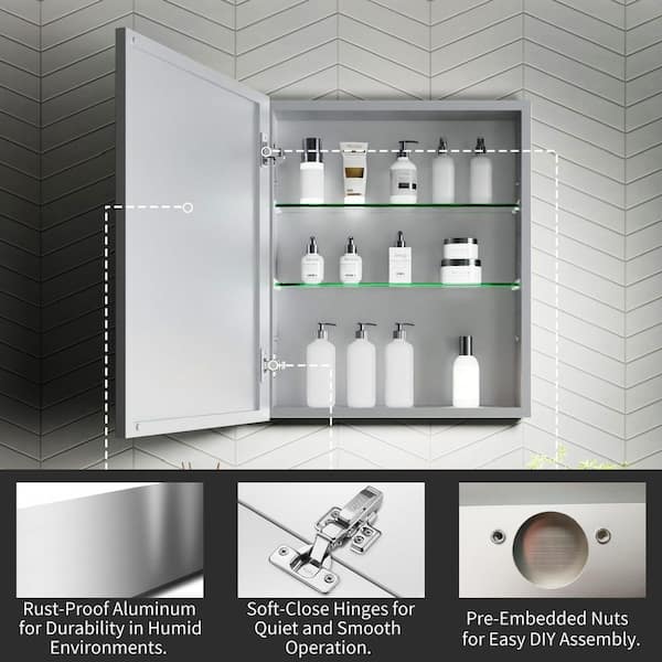 20 in. W x 24 in. H Small Rectangular Silver Aluminum Recessed/Surface Mount Medicine Cabinet with Mirror, Soft Close