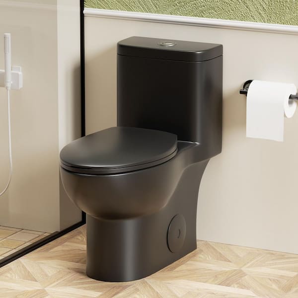 Powerful 1.1/1.6 GPF Dual-Flush Elongated 1-Piece Toilet in Matte Black with Comfortable Seat Height Seat Included