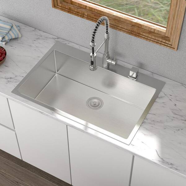 33 in. Drop in Workstation Sink Single Bowl 16-Gauge Brushed Stainless Steel Kitchen Sink with Accessories