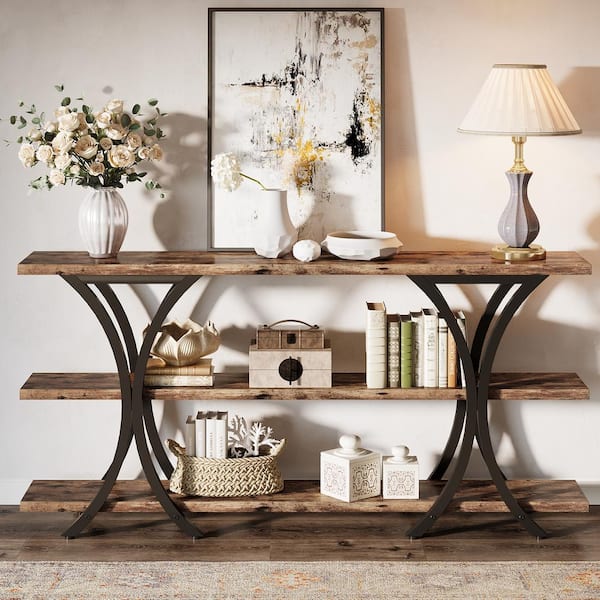 BYBLIGHT Turrella 70.8 in. Brown and Black Rectangle Engineered Wood Console Table with 3-Tier Storage Shelves