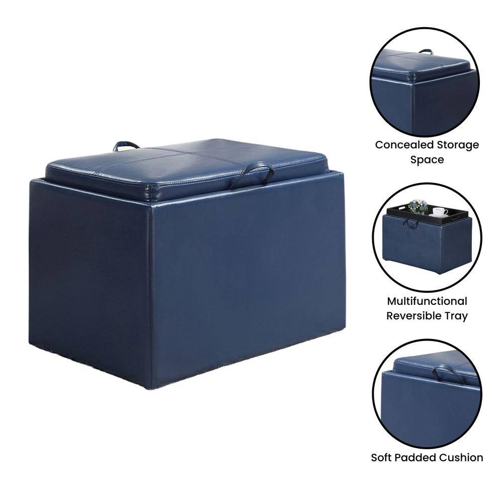 Blue Tufted Faux Leather Storage Ottoman with Tray