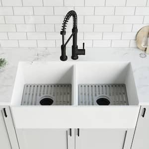 Matte Stone White Composite 36 in. Double Bowl Flat Farmhouse Kitchen Sink with Faucet in Black, Strainers and Grids