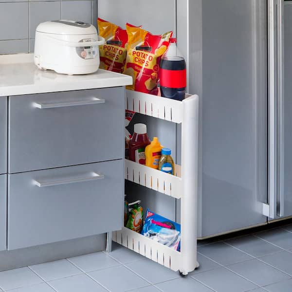 3-Tier White Slim Slide Out Pantry Storage Tower with Wheels