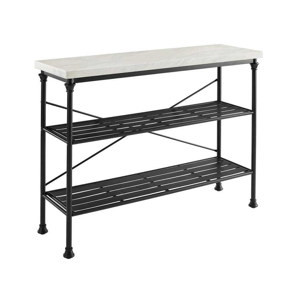 French Industrial Revival Matte Black Console with Faux Marble Top