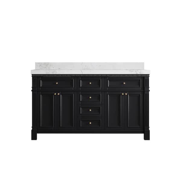 Willow Collections Paris 60 in. Double Sink Freestanding Black Bath Vanity with Calacatta Nuvo Qt. Top Unassembled