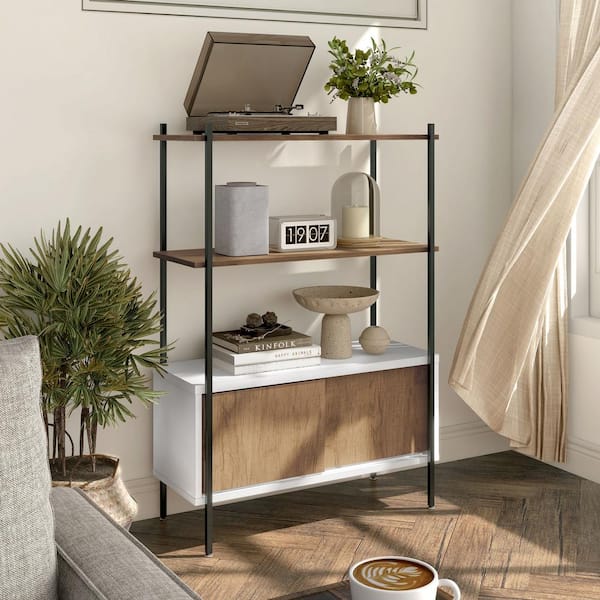 Milan 45 in. Tall White And Distressed Oak Composite 3-Shelf Accent Bookcase With Sliding Doors