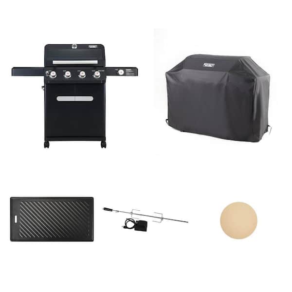 Mesa 4-Burner Black Gas Grill with LED Controls, 54 in. Cover, Cast Iron Plate K11, Rotisserie Kit and Pizza Stone