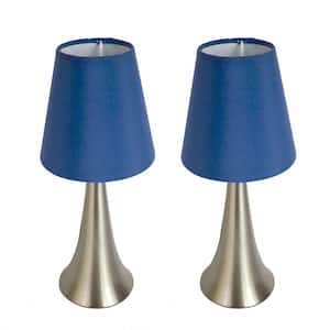 11.5 in. Brushed Nickel Mini Touch Table Lamp Set with Blue Fabric Shades (2-Pack)