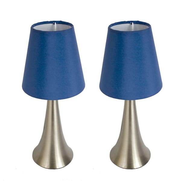 Simple Designs 11.5 in. Brushed Nickel Mini Touch Table Lamp Set with Blue Fabric Shades (2-Pack)