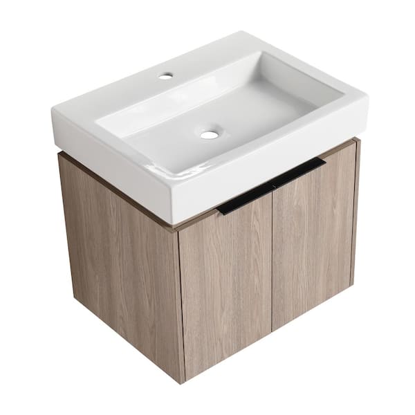 Unbranded 24.1 in. W x 18.5 in. D x 23 in. H Floating Bath Vanity in White Oak with White Ceramic Top