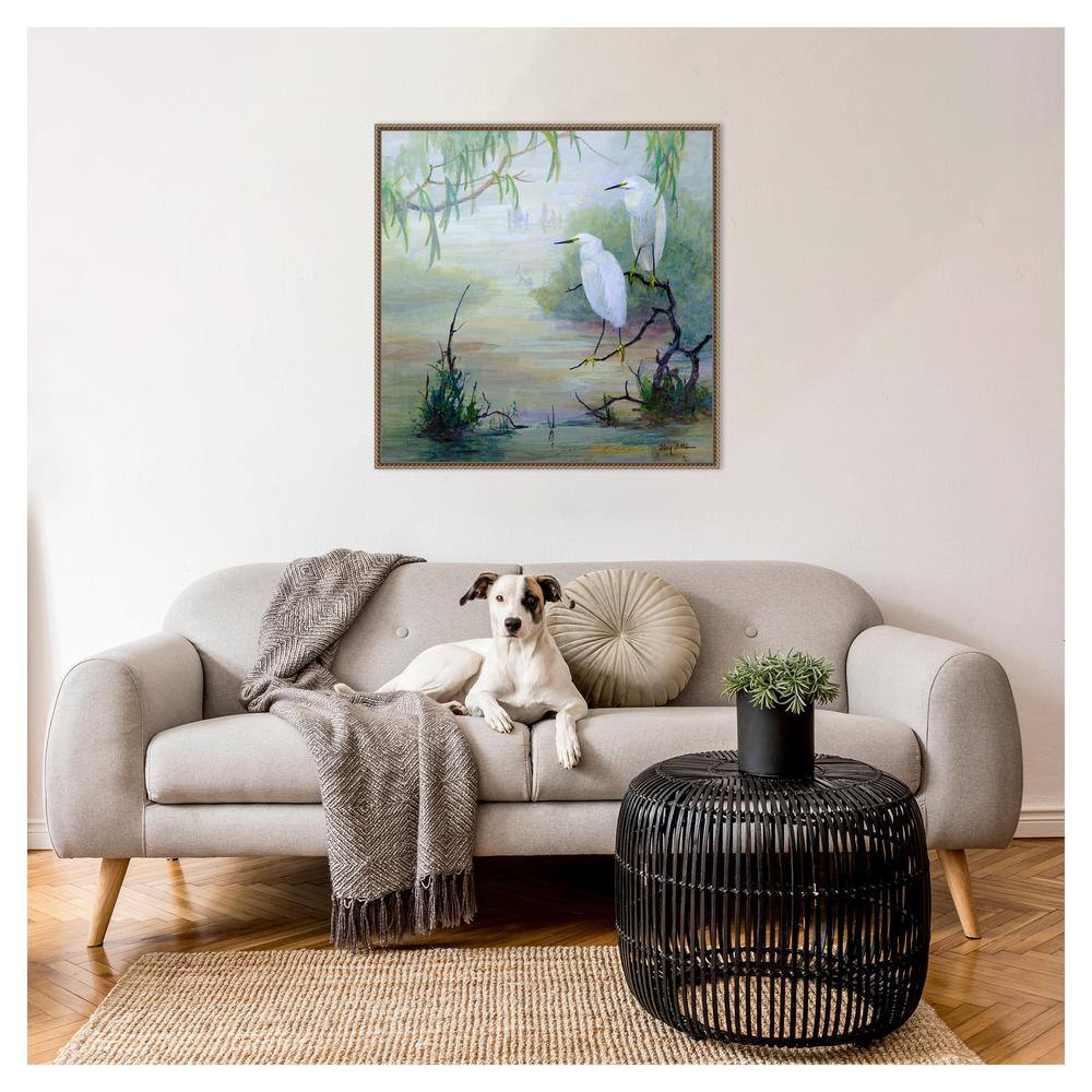 Snowy Egrets in Wetlands Bronze Framed Canvas Wall Art