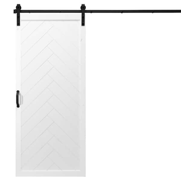 Unbranded 42 in. x 84 in. Herringbone White Alder Wood Interior Barn Door Slab with Sliding Door Hardware Kit