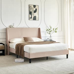 Upholstered Bed Frame with Headboard and Wingback, Beige Full Size Bed Frame, Platform Bed with USB, and Type-C Ports