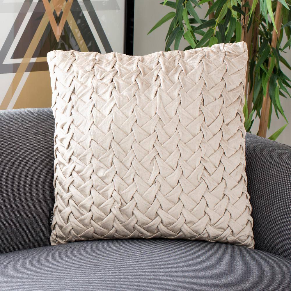 Beige Velvet Square Accent Pillow with Woven Smocking