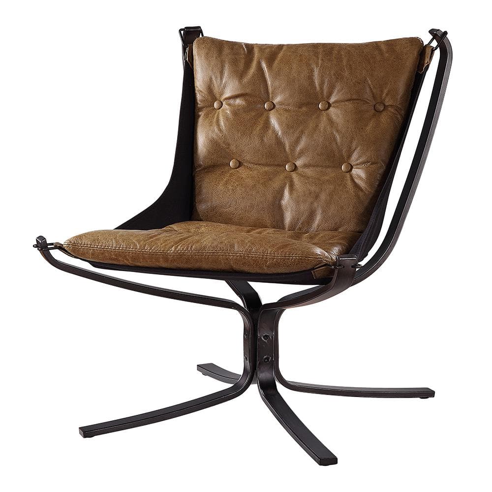 Vintage Coffee Top Grain Leather and Metal Accent Chair