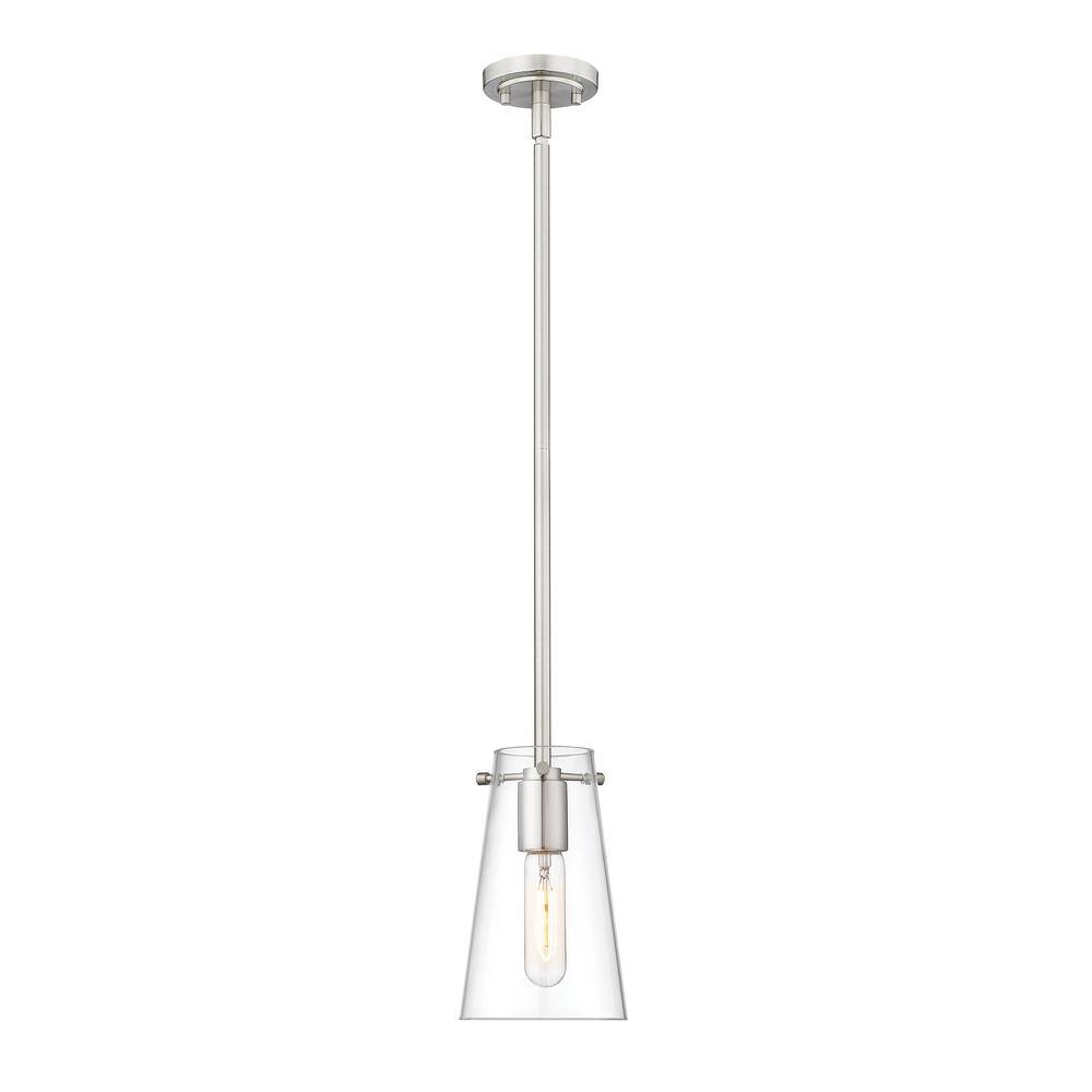 Kira 5 in. 1-Light Brushed Nickel Shaded Pendant Light with Clear Glass Sha
