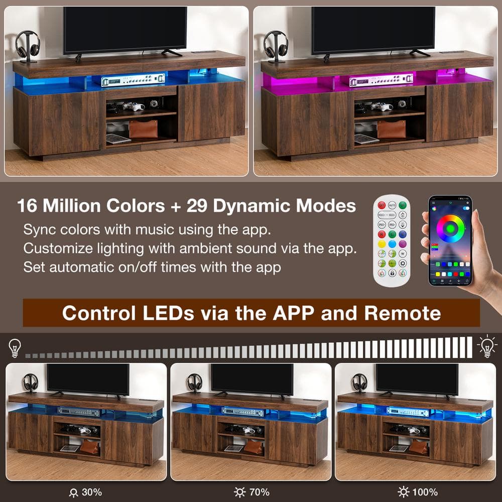 Walnut 64" Modern TV Stand with LED Lighting and Cabinets