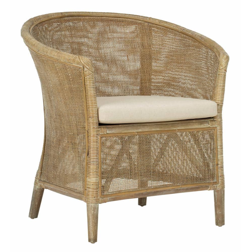 Transitional Whitewashed Rattan Armchair with Off-White Linen Cushion
