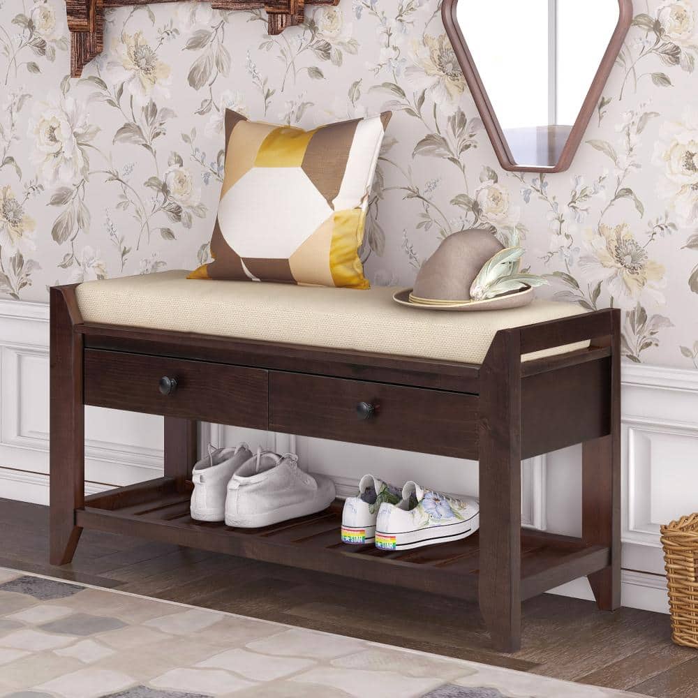 19.8 in. H x 39 in. W Espresso Wood Shoe Storage Bench with Cushion and Drawers