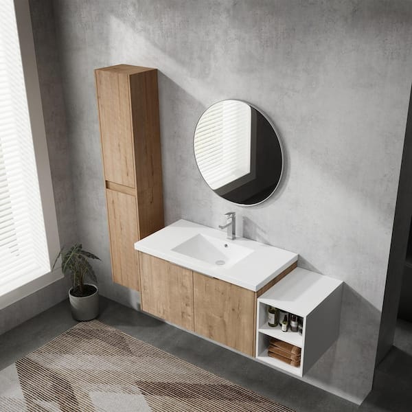 47.4 in. Single Sink Floating Imitative Oak Bath Vanity with White Resin Top, Open Shelf, 2-Side Cabinets Unassembled