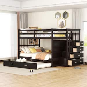 Espresso Full over Full Wood Bunk Bed with Twin Size Trundle, 4 Drawers and Staircase