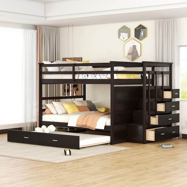 Harper & Bright Designs Espresso Full over Full Wood Bunk Bed with Twin Size Trundle, 4 Drawers and Staircase