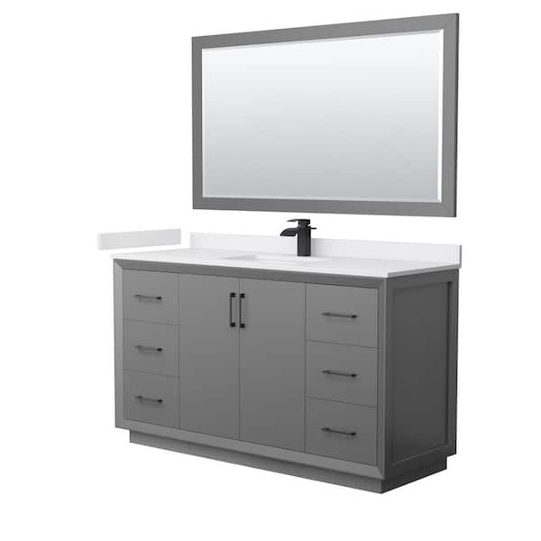 Wyndham Collection Strada 60 in. W x 22 in. D x 35 in. H Single Bath Vanity in Dark Gray with White Cultured Marble Top and 58 in. Mirror