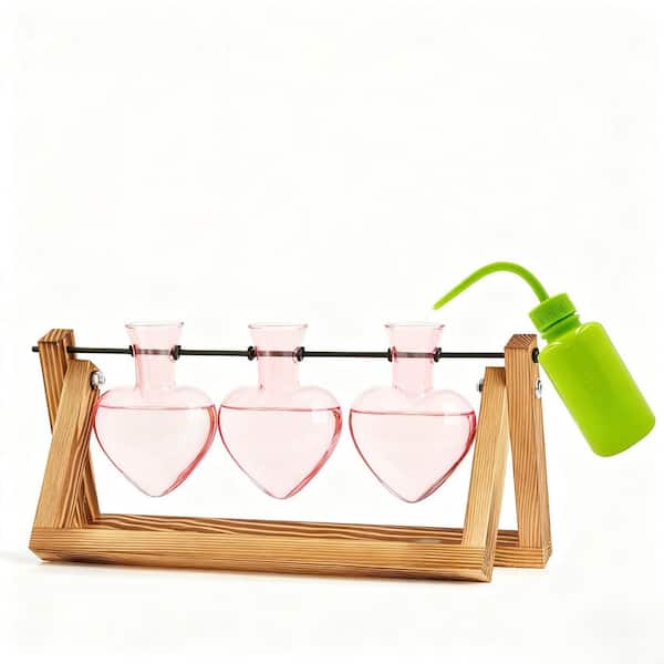 12.8 in. Glass Plant Terrarium with Retro Wooden Stand and 3 Heart Shaped Pink Glass Vase for Home Garden Decor
