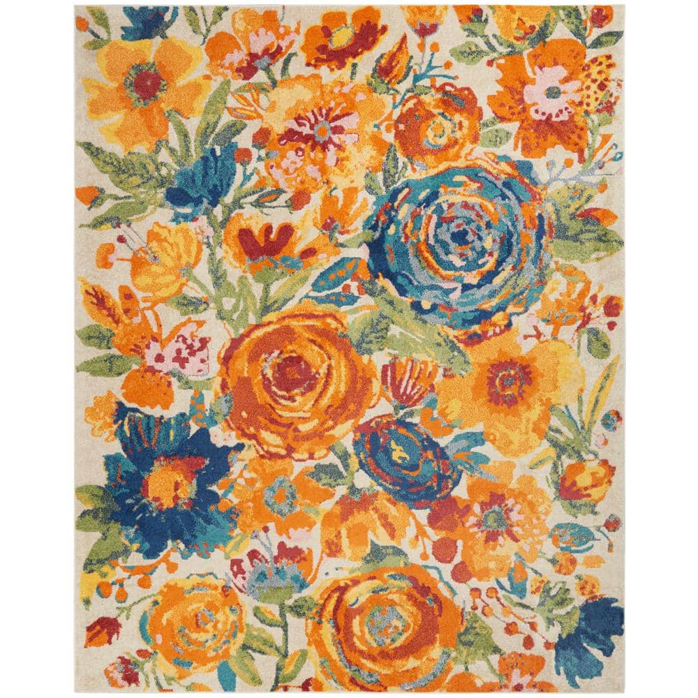 Ivory Floral Synthetic 8' x 10' Rectangular Area Rug