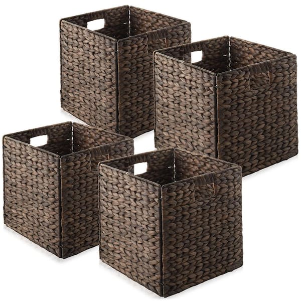 Casafield Brown Espresso 12 in. x 12 in. Wicker Water Hyacinth Decorative Baskets for Storage (Set of 4)