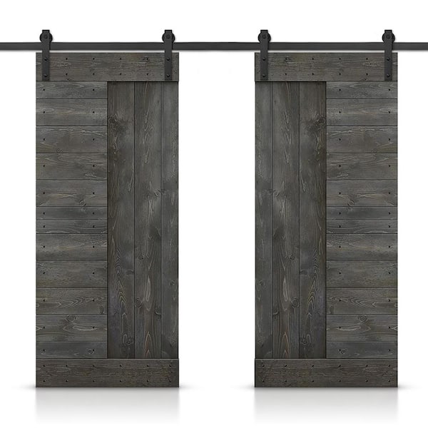 CALHOME 72 in. x 84 in. Carbon Gray Stained DIY Knotty Pine Wood Interior Double Sliding Barn Door with Hardware Kit