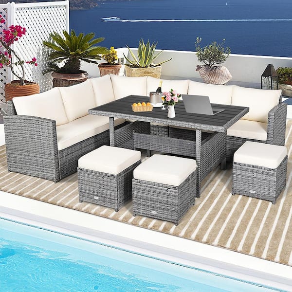 7-Piece Wicker Corner Outdoor Patio Sectional Sofa Set Conversation Set with White Cushions