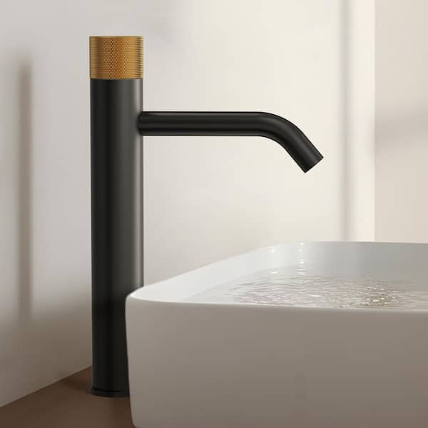 Single Handle Single Hole Bathroom Faucet with Valve in Matte Black and Brushed Gold (1-Pack)