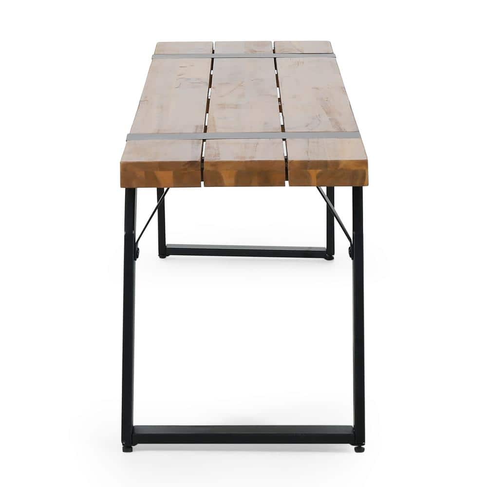 Sleek Black Metal and Teak Wood 63'' Outdoor Bench