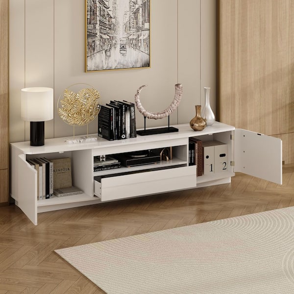 White Mirrored Finish Wood TV Stand Entertainment Center Fits TV's up to 70.9 in. W with Drawer & 3 Shelves