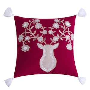 Villa Lugano Sleigh Bells Grey - Red Tan White Floral Deer Applique with Corner Tassels 18 in. x 18 in. Throw Pillow
