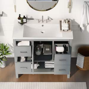 Amii 36" W Gray Freestanding White Resin Top Bathroom Vanity Cabinet With USB Charging Port and 3 Drawers