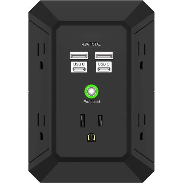 Aoibox Outlet Extender with 2 USB Charging Ports 2 USC-C port Multi Plug Outlets Wall Adapter (2U2C), Black