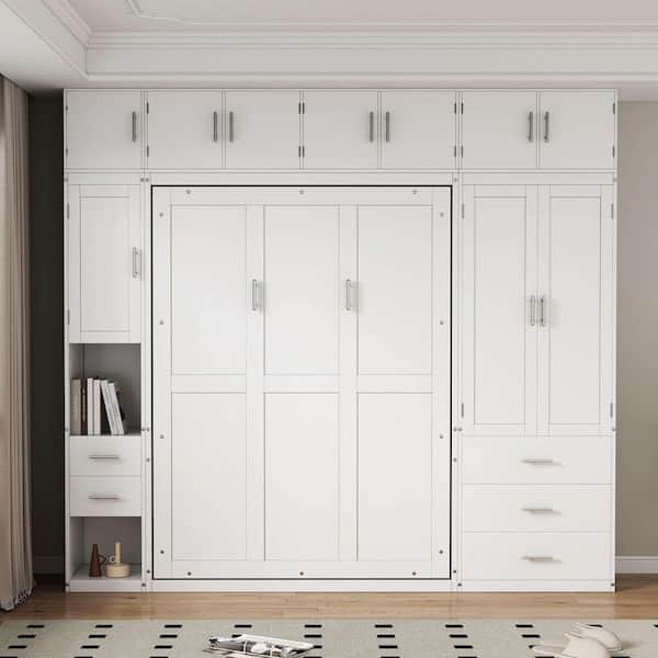 White Wood Frame Full Size Murphy Bed with Lockers and Wardrobes