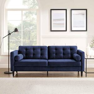 Kaci 79.1 in. W Square Arm Velvet Mid-Century 3-Seat Straight Sofa with Solid wood Legs in Blue