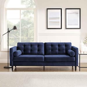 Kaci 79.1 in. W Square Arm Velvet Mid-Century 3-Seat Straight Sofa with Solid wood Legs in Blue