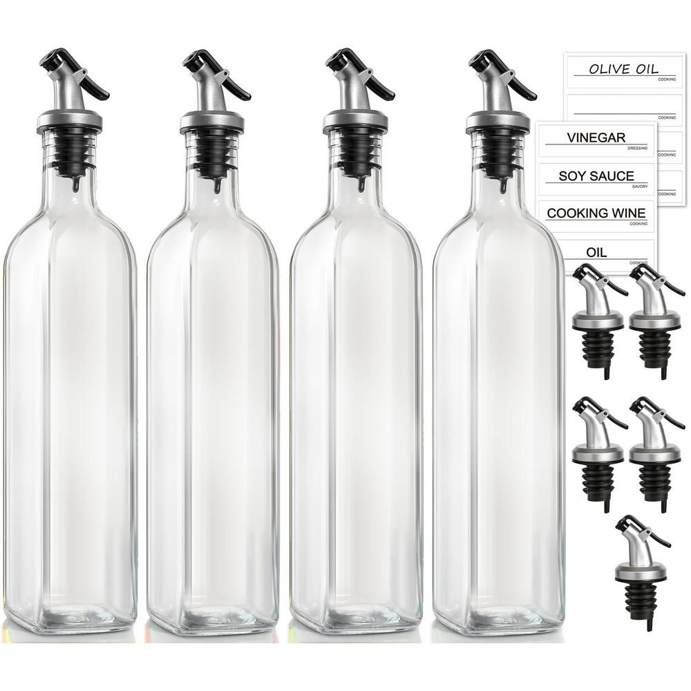 17 fl oz. Glass Clear Oil Dispenser Bottle with Plastic Pourer Spout, Funnel and Labels, Cooking Soy Sauce Bottle 4-Pack