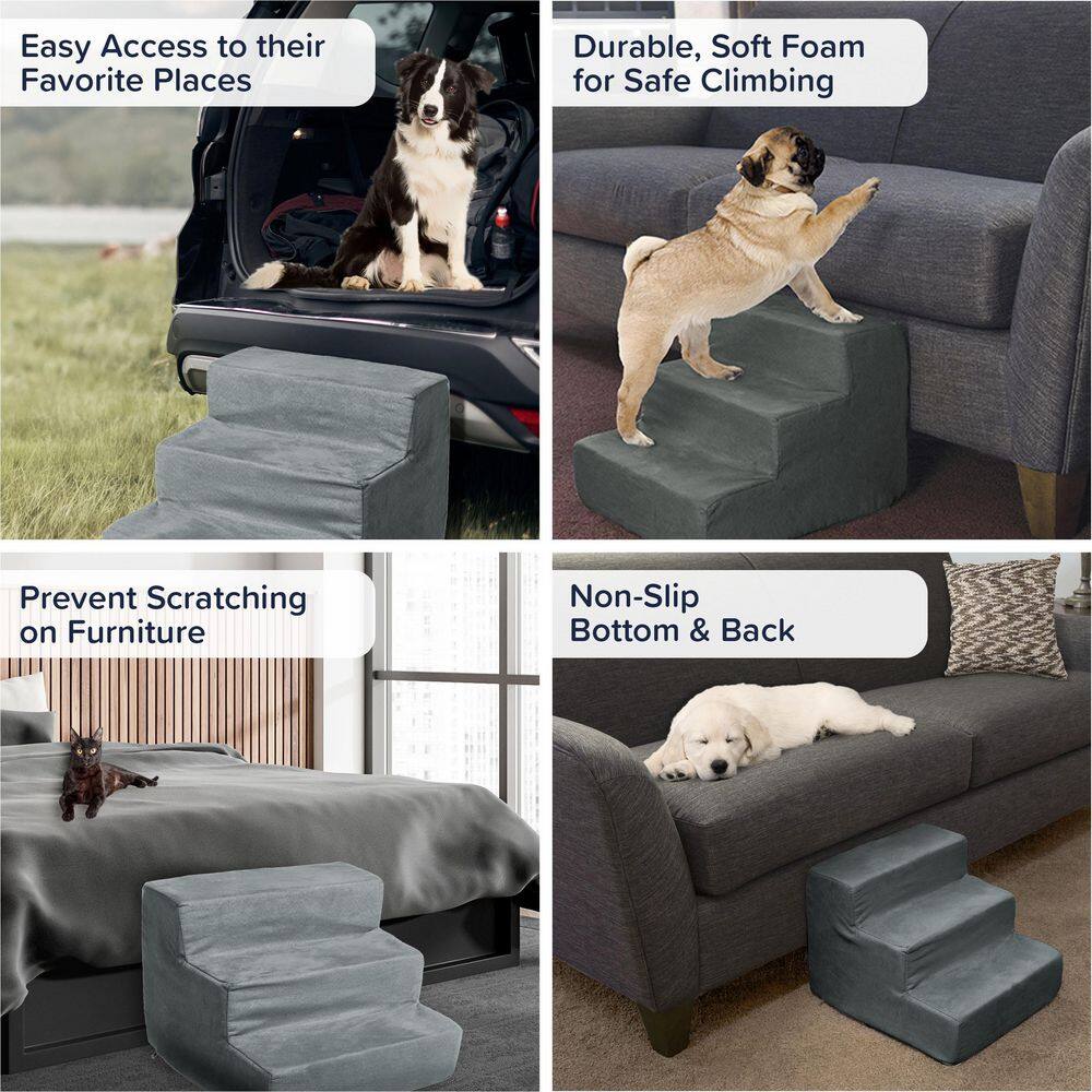 Gray 3-Step Foam Pet Stairs with Microfiber Cover