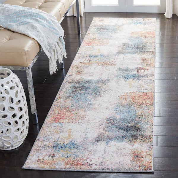 Phoenix 2 ft. x 10 ft. Ivory/Blue Watercolor Distressed Runner Rug